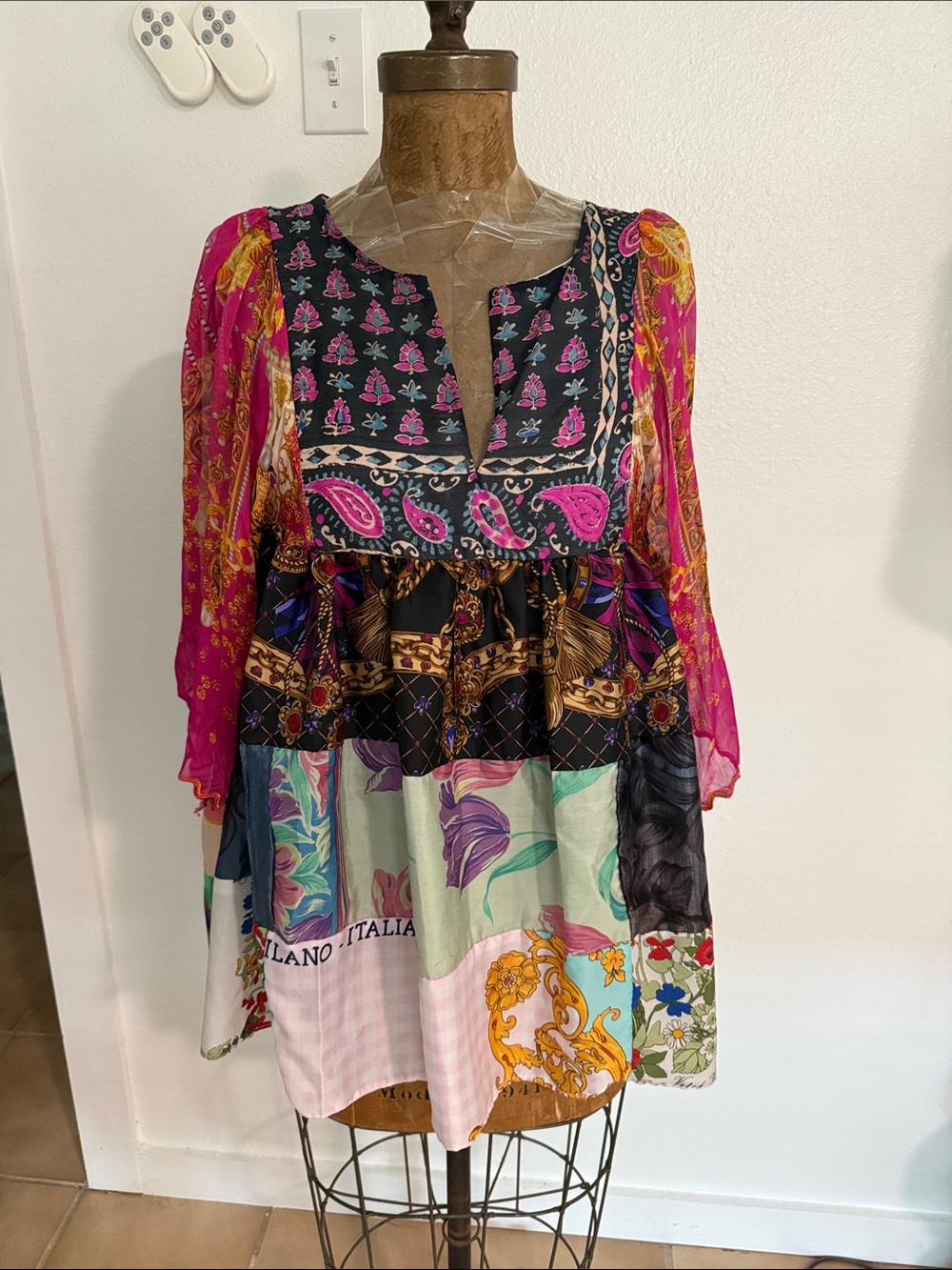 Place Nationale Vibrant Mixed-Print Boho Tunic Dress Pink, Black, Multicolor XS